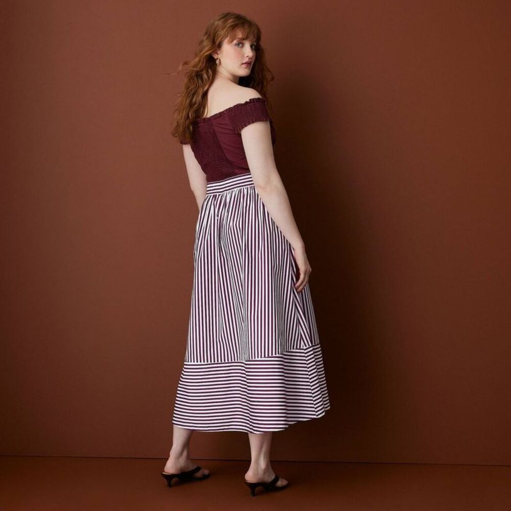 Women's Drawstring Poplin Striped Full Midi Skirt - Rosie Assoulin Burgundy S - Picture 2 of 4